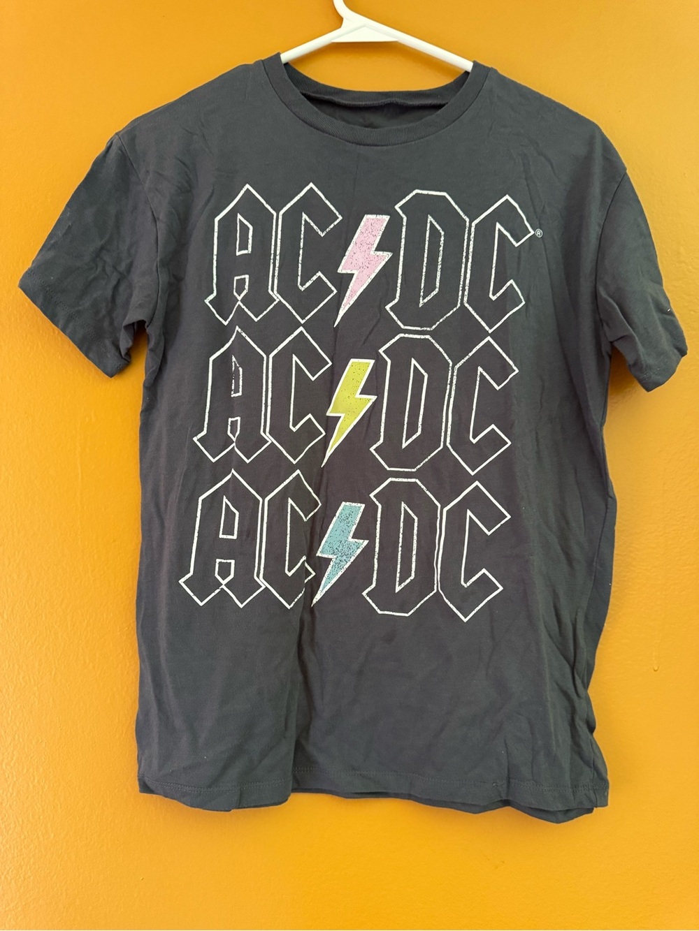 AC/DC Charcoal Short Sleeve Tee with Pink, Yellow & Light Blue Lightning Bolts